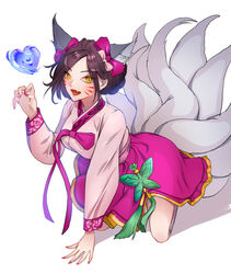  ahri_(league_of_legends) animal_ears black_hair bow dynasty_ahri ear_bow facial_mark female fox_ears fox_tail grey_background hair_ornament hair_stick heart highres kneeling korean_clothes kyoungi_nyang league_of_legends long_sleeves nail_polish oerba_yun_fang official_alternate_costume parted_bangs pink_bow pink_nails short_hair simple_background smile solo tail whisker_markings 