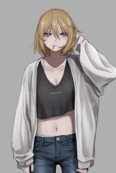  aki_(tabao) bags_under_eyes black_shirt blonde_hair blue_eyes breasts cigarette clothes_writing collarbone commentary cowboy_shot crop_top denim english_text female grey_background hair_between_eyes half-closed_eyes hand_on_own_head hand_up highres jacket jeans light_blush long_sleeves looking_at_viewer medium_breasts midriff mole mole_under_eye mouth_hold navel original pants shirt short_hair simple_background smoking solo standing straight-on tabao torn_clothes white_jacket 