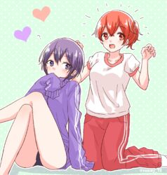  2girls aho_no_sakata bad_id bad_pixiv_id buruma gym_uniform jacket multiple_girls pants ponytail purple_eyes purple_hair red_eyes red_hair rummy_73 sakako_(aho_no_sakata) shima_(utaite) shimako_(urashimasakatasen) track_jacket track_pants urashimasakatasen utaite 