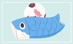  &gt;_&lt; 7mb_yut animal animal_focus artist_name blue_background chibi closed_mouth facial_hair fish horns hug kite koinobori league_of_legends mixed-language_commentary moustache no_humans poro_(league_of_legends) simple_background tongue tongue_out windsock 