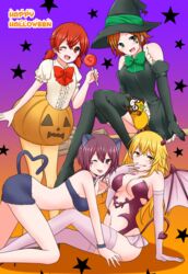  4girls aho_no_sakata animal_costume animal_ears bad_id bad_pixiv_id bat_wings blonde_hair brown_hair candy cat_costume cat_ears demon_costume food green_eyes halloween halloween_bucket halloween_costume hat highres long_hair multiple_girls one_eye_closed pumpkin purple_eyes purple_hair red_hair rummy_73 sakako_(aho_no_sakata) senko_(urashimasakatasen) senra_(utaite) shima_(utaite) shimako_(urashimasakatasen) short_hair twintails urako_(uratanuki) urashimasakatasen uratanuki utaite wings witch witch_hat yellow_eyes 