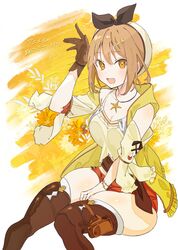  atelier_(series) atelier_ryza atelier_ryza_1 blush breasts brown_hair cleavage commentary_request female gloves guest_art hair_ornament hairclip hat highres jewelry large_breasts looking_at_viewer necklace official_art open_mouth red_shorts reisalin_stout short_hair short_shorts shorts single_glove skindentation smile solo sutera_sea thick_thighs thighhighs thighs white_hat 