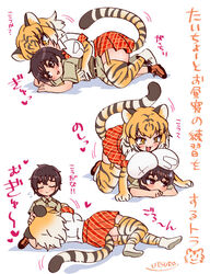  1boy :3 :d animal_ears animal_print breast_press breast_rest breasts breasts_on_head brown_shorts camouflage_trim captain_(kemono_friends) chinese_zodiac commentary female gloves huge_breasts kemono_friends kemono_friends_3 lap_pillow necktie plaid_necktie plaid_sleeves plaid_trim print_gloves shorts smile straight tail tiger_(kemono_friends) tiger_ears tiger_print tiger_tail translated two-tone_shirt utsuro_atomo year_of_the_tiger 