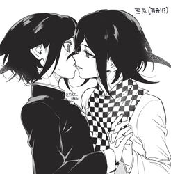  2boys blush checkered_clothes checkered_scarf danganronpa_(series) danganronpa_v3:_killing_harmony dual_persona eye_contact flipped_hair from_side holding_hands jacket long_sleeves looking_at_another male_focus medium_hair multiple_boys official_alternate_costume oma_kokichi parted_lips scarf selfcest teeth togi9999 translation_request upper_body yaoi 