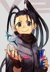  antenna_hair black_eyes black_hair caltrops can closed_mouth energy_drink female fingerless_gloves fujimura_(gamer) gloves grey_background hair_ornament hands_up high_ponytail holding holding_can hood hood_down hoodie hungry_clicker ibuki_(street_fighter) long_hair looking_at_viewer ninja ponytail product_placement red_bull red_gloves smile solo street_fighter street_fighter_v upper_body weapon zipper 