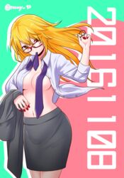  bad_id bad_pixiv_id between_breasts blonde_hair breasts female glasses long_hair necktie necktie_between_breasts rummy_73 senko_(urashimasakatasen) senra_(utaite) shirt simple_background urashimasakatasen utaite yellow_eyes 