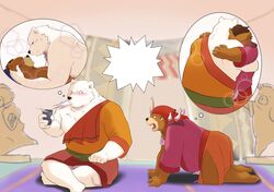  2020 anthro bear blush brown_body brown_fur clothing crushfang_(sdorica_sunset) dagger_(sdorica_sunset) duo fur hug humanoid_hands inside kemono kumadasi male mammal overweight overweight_male polar_bear robe sdorica sitting ursine white_body white_fur 