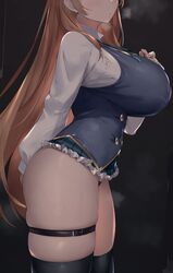  alternate_breast_size anne_(shingeki_no_bahamut) arm_behind_back belt black_background black_panties black_thighhighs black_vest blue_ribbon blue_skirt breasts breath brown_hair collared_shirt female granblue_fantasy hand_on_own_chest head_out_of_frame highres huge_breasts long_hair long_sleeves manaria_friends microskirt neck_ribbon nitro_(mugityaoisii) panties plaid plaid_skirt ribbon school_uniform shingeki_no_bahamut shirt skindentation skirt solo string_panties thigh_belt thigh_strap thighhighs underwear very_long_hair vest white_shirt 