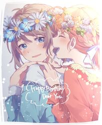  2girls ahoge blue_dress blue_eyes blue_flower blush border braid closed_eyes commentary_request crying crying_with_eyes_open dress english_text flower grey_hair hair_flower hair_ornament hair_ribbon hand_on_another&#039;s_shoulder happy_birthday highres jewelry leaf light_particles long_sleeves love_live! love_live!_sunshine!! makura_(makura0128) multiple_girls necklace open_mouth orange_flower orange_hair red_dress ribbon short_hair smile takami_chika tears teeth upper_body upper_teeth_only watanabe_you white_flower white_ribbon yellow_flower 