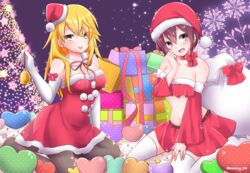  2girls bad_id bad_pixiv_id blonde_hair bow bowtie breasts christmas christmas_present christmas_tree gift hat long_hair multiple_girls night night_sky purple_hair rummy_73 santa_costume santa_hat senko_(urashimasakatasen) senra_(utaite) shima_(utaite) shimako_(urashimasakatasen) short_hair skirt sky thighhighs tongue urashimasakatasen utaite yellow_eyes 