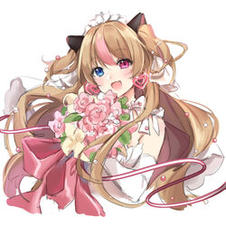  :d blue_eyes bouquet brown_hair douya_(233) dress earrings elbow_gloves female flower girls&#039;_frontline gloves heart heart_earrings heterochromia jewelry long_hair looking_at_viewer mk23_(conveyed_feelings)_(girls&#039;_frontline) mk23_(girls&#039;_frontline) official_alternate_costume open_mouth red_eyes smile solo two_side_up upper_body wedding_dress white_background white_dress 