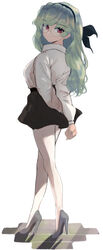  alternate_hairstyle anchovy_(girls_und_panzer) anzio_school_uniform arms_behind_back black_ribbon black_skirt closed_mouth commentary dress_shirt female from_side full_body girls_und_panzer glasses green_hair grey_footwear hair_down hair_ribbon high_heels light_smile long_hair long_sleeves looking_at_viewer miniskirt mityubi pantyhose pleated_skirt red_eyes ribbon round_eyewear school_uniform shirt shoes simple_background skirt solo standing white_background white_pantyhose white_shirt wing_collar 