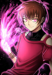  1boy absurdres black_background bracelet brown_hair chris_(kof) closed_mouth clothing_request fire glowing glowing_eyes highres jewelry looking_at_viewer male_focus mixed-language_commentary necklace orochi_chris pink_fire purple_fire pyrokinesis red_shirt shirt short_hair short_sleeves silverchariotx simple_background smirk solo the_king_of_fighters the_king_of_fighters_xv 