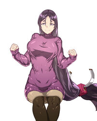  breasts casual contemporary fate/grand_order fate_(series) female ghgnvm highres large_breasts long_hair looking_at_viewer low-tied_long_hair minamoto_no_raikou_(fate) pantyhose parted_bangs photoshop_(medium) purple_eyes purple_hair ribbed_sleeves skirt smile solo sweater very_long_hair 