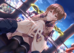  1boy alternate_costume bad_id bad_pixiv_id black_skirt blush brown_hair christmas coat female ferris_wheel flower folded_ponytail hair_ornament highres inazuma_(kancolle) jewelry kantai_collection long_hair long_sleeves night numpopo open_mouth pantyhose pov pov_hands ring scarf short_hair skirt smile tears wedding_ring winter_clothes winter_coat 