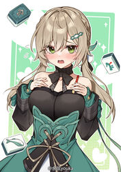  alternate_breast_size bare_shoulders black_bow black_dress blush bow braid breasts brown_hair cleavage collarbone detached_sleeves dress female flying_sweatdrops green_dress green_eyes hair_between_eyes hair_intakes hair_ornament hairclip hands_up heart highres honkai:_star_rail honkai_(series) large_breasts long_hair long_sleeves low_twintails mahjong mahjong_tile open_mouth puffy_long_sleeves puffy_sleeves qingque_(honkai:_star_rail) sleeves_past_wrists solo tears twintails very_long_hair wavy_mouth yuxian_youka 