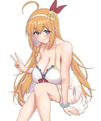  ahoge bare_arms bare_legs bikini blonde_hair blue_eyes blush bracelet braid breasts cleavage collarbone commentary dress female flower grin hair_flower hair_ornament hairband highres jewelry large_breasts long_eyelashes long_hair looking_at_viewer pecorine_(princess_connect!) pecorine_(summer)_(princess_connect!) period_(anony_83) princess_connect! see-through side-tie_bikini_bottom side_braid simple_background smile solo swimsuit v white_background 