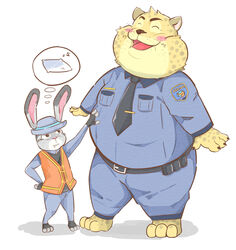  2016 andikapatok anthro benjamin_clawhauser blush bottomwear cheetah closed_eyes clothing countershading disney duo felid feline hat headgear headwear hi_res humanoid_hands judy_hopps kemono lagomorph leporid male mammal necktie overweight overweight_male pants police police_badge police_officer police_uniform rabbit shirt simple_background topwear uniform white_background zootopia 