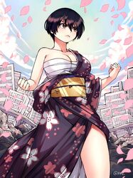  bare_arms black_hair blue_sky breasts brown_eyes building clenched_hand closed_mouth cloud cloudy_sky commentary cowboy_shot female frown hair_between_eyes highres izumo_fuuko japanese_clothes kimono large_breasts looking_away outdoors petals rusky sarashi short_hair sky skyscraper tumblr_username undead_unluck 