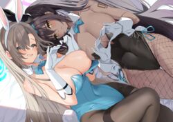  2girls animal_ears asuna_(blue_archive) asuna_(bunny)_(blue_archive) black_hair black_leotard blonde_hair blue_archive blue_eyes blue_leotard blush bow bowtie breasts cleavage commentary covered_navel dark-skinned_female dark_skin detached_collar earrings fishnet_pantyhose fishnets gloves grabbing hair_between_eyes hair_ornament hair_over_one_eye heart heart_hands highres jewelry karin_(blue_archive) karin_(bunny)_(blue_archive) large_breasts leg_up leotard long_hair looking_at_viewer multiple_girls number_tattoo official_alternate_costume pantyhose playboy_bunny rabbit_ears rabbit_tail smile strapless strapless_leotard symmetry tail tattoo thigh_gap thighband_pantyhose togo_(korlsj1235) traditional_bowtie white_gloves yellow_eyes 