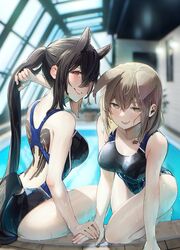  2girls animal_ears back_tattoo bare_arms bare_legs bare_shoulders barefoot black_hair black_one-piece_swimsuit blush breasts brown_eyes closed_mouth collarbone competition_swimsuit contemporary extra_ears grin hair_between_eyes horse_ears horse_tail kurokoma_saki large_breasts light_brown_hair lips long_hair multiple_girls one-piece_swimsuit pointy_hair ponytail pool red_eyes rei_no_pool short_hair smile smirk swimsuit syuri22 tail tail_through_clothes tattoo touhou toyosatomimi_no_miko wing_tattoo 