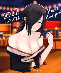  2022 azur_lane bad_id bad_pixiv_id bare_shoulders black_hair black_kimono blurry blurry_background breasts brown_eyes cleavage collarbone dated english_commentary female festival friedrich_der_grosse_(azur_lane) friedrich_der_grosse_(dark_raiments_of_gagaku)_(azur_lane) hair_over_one_eye happy_new_year highres japanese_clothes kimono lantern large_breasts long_hair luxe new_year off_shoulder official_alternate_costume solo twitter_username 