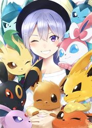  :o ;) ;3 ;d absurdres black_eyes black_headwear blue_eyes blush brown_eyes collarbone commentary_request crossover eevee espeon evolutionary_line female flareon glaceon grey_hair grin hair_ornament hairclip highres higuchi_kaede holding jolteon leafeon long_hair mole mole_under_eye nezumidoshi nijisanji oerba_yun_fang one_eye_closed open_mouth pokemon pokemon_(creature) purple_eyes red_eyes shirt smile sylveon teeth umbreon upper_body vaporeon virtual_youtuber white_shirt 