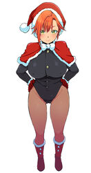  boots breasts cameltoe capelet commentary_request covered_nipples eroe female full_body fur_trim gakuran gloves green_eyes hands_on_own_hips highres igarashi_kyou_(eroe) leotard orange_hair original pantyhose photoshop_(medium) red_gloves school_uniform short_hair simple_background smile solo white_background 