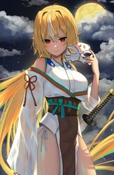  absurdly_long_hair ahoge alternate_costume ao_ne bad_id bad_pixiv_id bare_shoulders blonde_hair breasts closed_mouth clothing_cutout cloud cloudy_sky cowboy_shot dark-skinned_female dark_skin female hair_between_eyes hair_intakes highres holding holding_mask hololive japanese_clothes katana large_breasts loincloth long_hair looking_at_viewer mask moon multicolored_hair night night_sky obi orange_eyes outdoors panty_straps pointy_ears sash shiranui_flare shoulder_cutout sky solo streaked_hair sword tsurime very_long_hair virtual_youtuber weapon white_hair wide_sleeves 