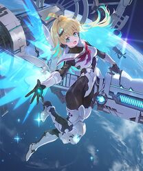  ahoge blonde_hair blue_eyes commentary_request dress female full_body hair_ornament headphones long_hair looking_at_viewer multicolored_hair oerba_yun_fang official_art open_mouth planet ponzu_(catponz) railgun ralmia_sonic_racer reaching reaching_towards_viewer shadowverse solo space space_station sparkle weapon 