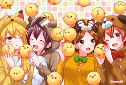  4girls aho_no_sakata animal_costume bad_id bad_pixiv_id bird blonde_hair brown_hair chick closed_eyes dog_costume fox_costume green_eyes long_hair looking_at_viewer multiple_girls one_eye_closed open_mouth purple_hair red_eyes red_hair rummy_73 sakako_(aho_no_sakata) senko_(urashimasakatasen) senra_(utaite) shima_(utaite) shimako_(urashimasakatasen) short_hair simple_background smile squirrel_costume tanuki_costume twintails urako_(uratanuki) urashimasakatasen uratanuki utaite yamadanuki yellow_eyes 