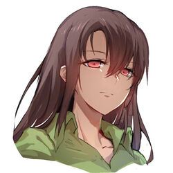  brown_hair chilunchilun chinese_commentary collared_shirt commentary_request female girls&#039;_frontline green_shirt hair_between_eyes long_hair looking_at_viewer lowres open_collar portrait red_eyes shirt simple_background solo type_64_(girls&#039;_frontline) white_background 