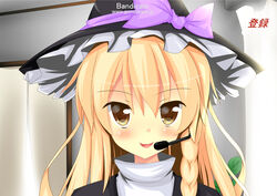  absurdres bandicam black_hat blonde_hair blush brown_eyes commentary_request cookie_(touhou) curtains female frilled_hat frills hat headset highres indoors kirisame_marisa long_hair looking_at_viewer open_mouth parody plant potted_plant rei_(cookie) smile solo syamu_game szk touhou turtleneck upper_body witch_hat 