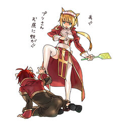  1boy animal_ears arutopian black_coat black_footwear black_pants blonde_hair blue_eyes cat_ears coat commentary_request cross dress female flyswatter full_body headdress high_priest_(ragnarok_online) holding juliet_sleeves long_sleeves looking_at_another lowres multicolored_coat open_mouth pants priest_(ragnarok_online) puffy_sleeves ragnarok_online red_coat red_dress red_hair sash shoes simple_background stepped_on thighhighs translation_request two-tone_coat two-tone_dress white_background white_dress white_legwear white_sash 