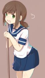  blue_neckwear blue_ribbon blue_sailor_collar blue_skirt blush brown_background brown_hair commentary_request female fubuki_(kancolle) green_eyes hair_tie hands_up highres houjichaoic kantai_collection long_hair looking_at_viewer low_ponytail neck_ribbon open_mouth own_hands_together pleated_skirt ponytail ribbon sailor_collar school_uniform serafuku shirt short_sleeves simple_background skirt solo white_shirt 