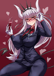  2020 absurd_res alcohol beverage big_breasts bottomwear breasts clothing demon eyewear female glass glasses gloves gradient_background handwear heart_symbol helltaker hi_res humanoid lucifer_(helltaker) necktie not_furry occult_symbol pants sigil sigil_of_lucifer simple_background solo suit symbol torahime wine 