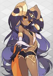  ass bare_shoulders black_gloves black_hair commentary_request dark-skinned_female dark_skin egyptian_clothes elbow_gloves female flat_chest gloves hair_between_eyes hair_ornament highres itsumo_nokoru long_hair looking_at_viewer nephtim_(world_flipper) solo very_long_hair world_flipper yellow_eyes 