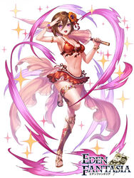  armband armpits bikini bikini_skirt box_(hotpppink) breasts brown_hair cleavage collarbone copyright_name eden_fantasia female full_body hair_between_eyes holding holding_umbrella looking_at_viewer marie_(eden_fantasia) medium_breasts navel official_art open_mouth panty_straps photoshop_(medium) purple_eyes red_bikini sandals short_hair simple_background skirt solo standing standing_on_one_leg swimsuit thigh_strap umbrella watermark white_background 