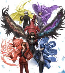  5boys amamiya_ren anniversary apollo_(persona_2) arsene_(persona_5) back-to-back belt black_coat black_eyes blue_eyes blue_hair brown_eyes brown_hair cape card chains character_request closed_mouth coat feathered_wings fire gekkoukan_high_school_uniform gloves grey_hair hair_between_eyes hand_on_own_hip hands_in_pockets hat highres holding holding_polearm holding_sword holding_weapon izanagi_(persona_4) katana male_focus mask multiple_boys narukami_yuu over_shoulder persona persona_(summon) persona_1 persona_2 persona_3 persona_4 persona_5 pointy_footwear polearm purple_hair red_gloves saikoro_(et1312) school_uniform st._hermelin_school_uniform standing suou_tatsuya sword sword_over_shoulder thanatos_(persona) top_hat toudou_naoya uniform vishnu_(persona) weapon weapon_over_shoulder wings yasogami_school_uniform yuuki_makoto_(persona_3) zipper zipper_pull_tab 