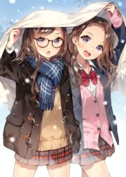  2girls :d :o ancotaku arm_up black_jacket blue_scarf bow bowtie brown-framed_eyewear brown_hair brown_jacket cardigan collared_shirt commentary dress_shirt earrings forehead fringe_trim glasses grey_skirt gyaru head_tilt highres jacket jewelry long_hair long_sleeves looking_at_viewer loose_bowtie multiple_girls open_clothes open_jacket open_mouth original parted_bangs pink_cardigan plaid plaid_scarf plaid_skirt pleated_skirt purple_eyes red_bow red_bowtie scarf school_uniform shared_clothes shared_scarf shawl shirt siblings sisters skirt sleeves_past_wrists smile stud_earrings sweater_vest swept_bangs teeth twins upper_teeth_only white_shirt 