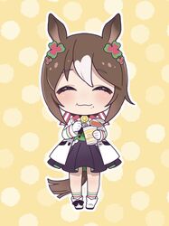  :3 :t animal_ears bad_id bad_twitter_id black_skirt blush boots brown_hair chibi closed_eyes clover_hair_ornament coat commentary_request female fine_motion_(umamusume) food food_on_face fork full_body gloves hair_ornament highres holding holding_fork horse_ears horse_girl horse_tail long_hair medium_hair multicolored_hair nissin_cup_noodle rn10r skirt socks solo tail trimmed_tail two-tone_background two-tone_hair umamusume white_coat white_footwear white_gloves 