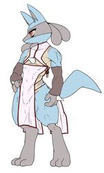  anthro asian_clothing blue_body blue_fur clothing fur generation_4_pokemon hand_on_hip hi_res lucario male muscular nintendo pokemon pokemon_(species) red_eyes shaolin_bones simple_background solo 