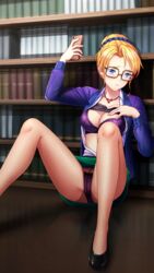  black_footwear black_shirt blonde_hair blue_eyes bookshelf bra breasts cleavage closed_mouth clothes_lift collarbone collared_shirt doukyuusei_another_world dress_shirt female game_cg glasses green_skirt hair_ornament high_heels indoors jacket jewelry kakyuusei_2 large_breasts long_sleeves looking_away miniskirt necklace open_clothes open_jacket open_shirt panties panties_under_pantyhose pantyhose pencil_skirt pumps purple_bra purple_jacket purple_panties see-through see-through_legwear selfie shirt shirt_lift short_hair sitting skirt solo tied_hair underwear white_shirt wing_collar yokomizo_fumi 