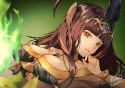  atoatto black_eyes black_hair blunt_bangs bodystocking breasts cleavage feather_hair_ornament feathers female fire fire_emblem fire_emblem_awakening fire_emblem_heroes green_background green_fire hair_ornament jewelry light_smile looking_at_viewer necklace official_alternate_costume signature tharja_(fire_emblem) tharja_(plegian)_(fire_emblem) upper_body 