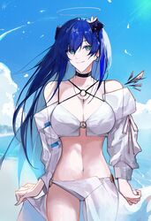  absurdres arknights bikini black_choker blue_eyes blue_hair blue_sky breasts choker closed_mouth cloud collarbone commentary day english_commentary female highres horns long_hair long_sleeves looking_at_viewer mostima_(arknights) navel outdoors puffy_long_sleeves puffy_sleeves sky smile solo standing swimsuit very_long_hair white_bikini yuki_flourish 