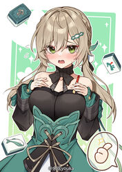  alternate_breast_size bare_shoulders black_bow black_dress blush bow braid breasts brown_hair chinese_commentary cleavage collarbone commentary_request detached_sleeves dress female flying_sweatdrops green_dress green_eyes hair_between_eyes hair_intakes hair_ornament hairclip hands_up heart highres honkai:_star_rail honkai_(series) large_breasts long_hair long_sleeves low_twintails mahjong mahjong_tile open_mouth puffy_long_sleeves puffy_sleeves qingque_(honkai:_star_rail) sleeves_past_wrists solo spoken_thumbs_up tears twintails very_long_hair wavy_mouth yuxian_youka 