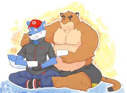  2015 andikapatok anthro belly blue_body blue_fur bottomwear brown_body brown_fur canid canine canis clothing duo electronics felid feline fur game_console gaming hat headgear headwear humanoid_hands kemono male mammal nintendo nintendo_ds nintendo_ds_family overweight overweight_male pants playing_video_game shirt shorts sitting topwear white_body white_fur wolf 