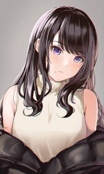  bare_shoulders black_hair black_jacket blush breasts female idolmaster idolmaster_shiny_colors jacket kazano_hiori koukoku long_hair looking_at_viewer medium_breasts mole mole_under_mouth off_shoulder parted_lips purple_eyes shirt sleeveless sleeveless_shirt solo swept_bangs upper_body white_shirt 