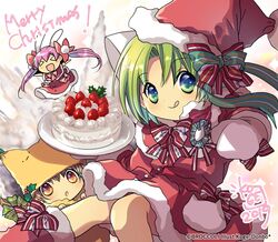  &gt;_&lt; 3girls :d animal_ears blue_eyes blush brown_eyes brown_hair cake capelet cat_ears chibi christmas closed_mouth commentary dated dejiko di_gi_charat dress food fur_trim gema green_eyes green_hair hat highres holding holding_cake holding_food koge_donbo looking_at_viewer merry_christmas mittens multiple_girls official_art open_mouth pink_hair puchiko rabbit_ears red_dress sack santa_costume santa_hat short_hair signature simple_background smile strawberry_shortcake tongue tongue_out twintails usada_hikaru watermark white_mittens xd 