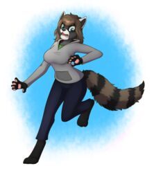  2020 alpha_channel anthro barefoot bottomwear breasts brown_hair clothing feet female green_eyes hair hoodie implied_transformation mammal on_one_leg open_mouth pants pawpads procyonid raccoon simple_background solo standing surprise tail tomek1000 topwear transparent_background 